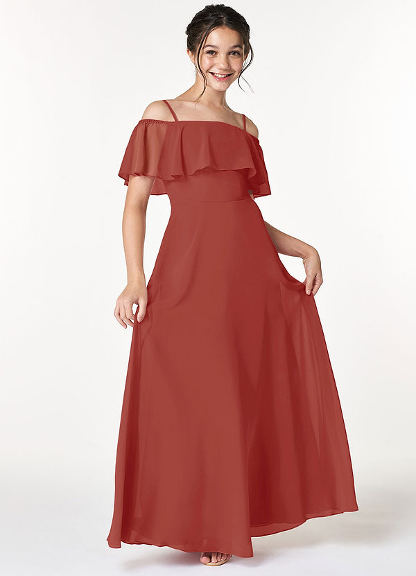 Azazie Maggie Junior Terracotta A-Line Off the Shoulder Chiffon Dress image1