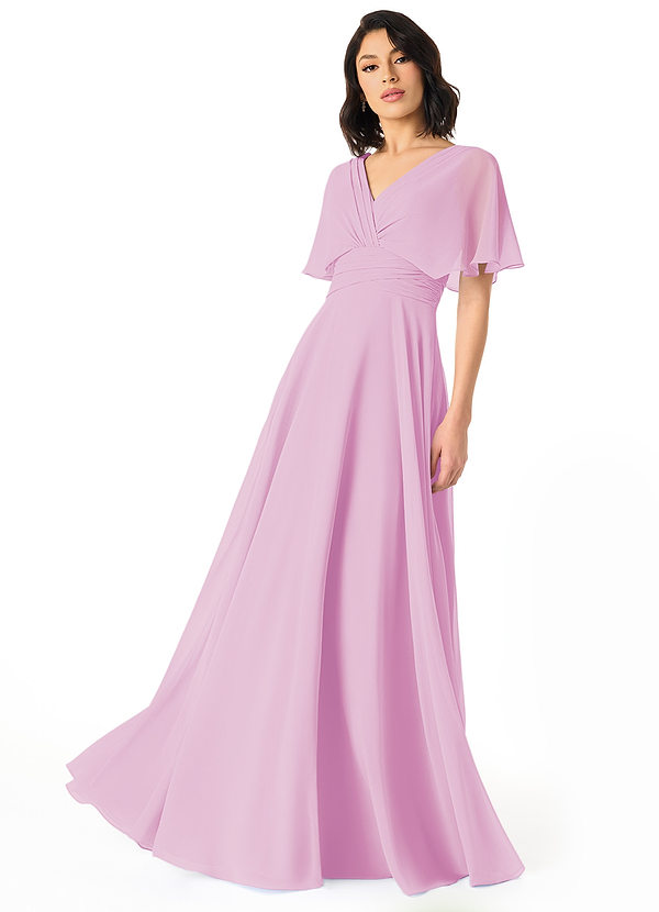 Azazie Pamela Bridesmaid Dresses Candy Pink A-Line V-Neck Pleated Chiffon Dress image1