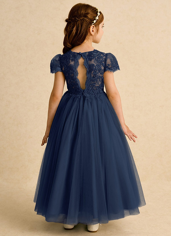 Azazie Puff Flower Girl Dresses Dark Navy Ball-Gown Lace Tulle Dress image1