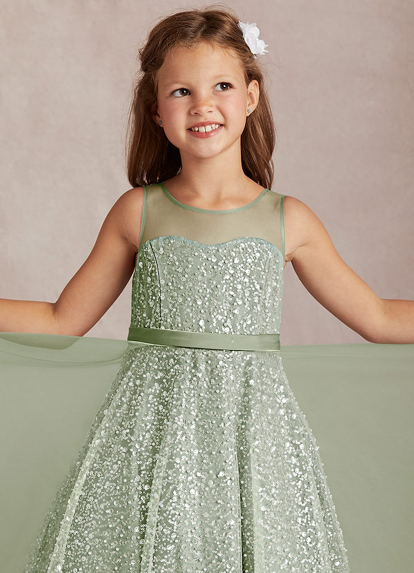 Azazie Siwa Sukienki dla dziewczynek sypiących kwiaty Linia A Zroszony Tiul Długość kostki Sukienka image1