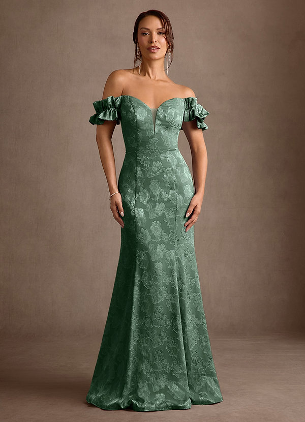 Azazie Allison Brautmutterkleider Meerjungfrau-Linie Schulterfrei Blumen-Burnout Kleid Eukalyptus image1