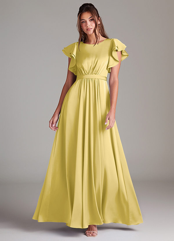 Azazie Daphne Modest Bridesmaid Dresses A-Line Ruched Stretch Satin Floor-Length Dress image1