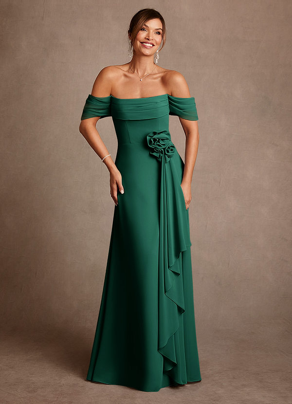 Azazie Amherst Mother of the Brides Dresses Emerald A-Line Off the Shoulder Chiffon Dress image1