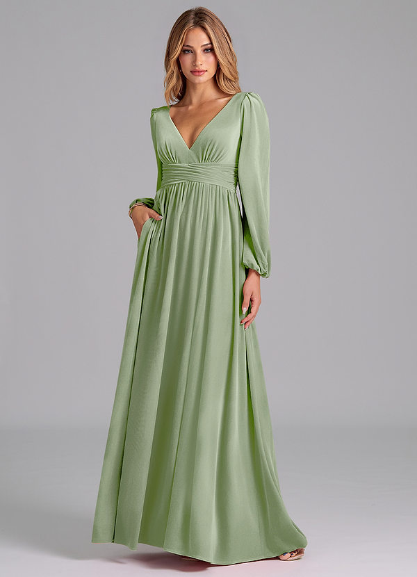 Azazie Norah Bridesmaid Dresses Dusty Sage A-Line Long Sleeve Velvet Dress image1