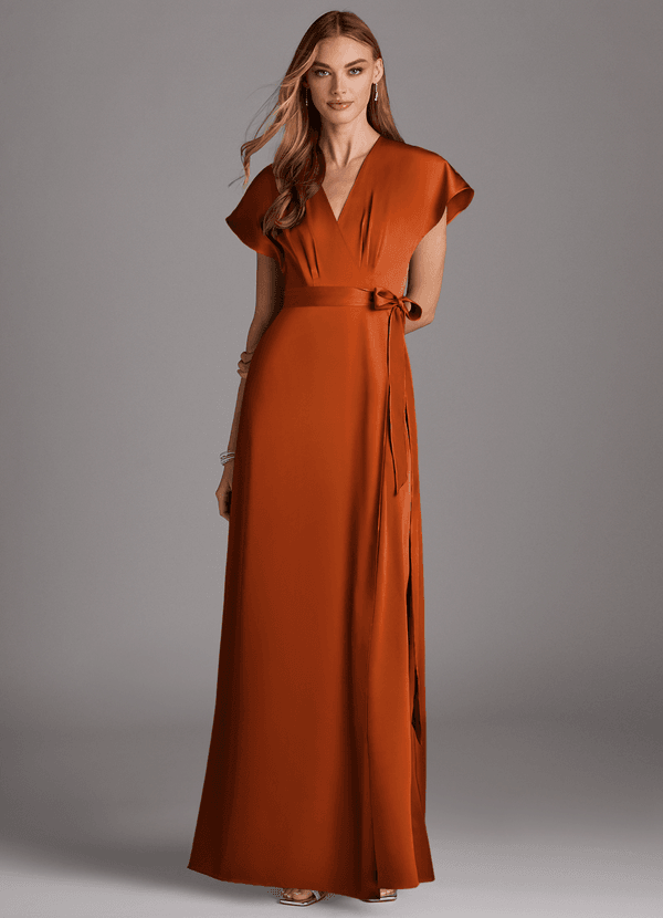 Azazie Nico Bridesmaid Dresses Burnt Orange A-Line V-Neck Stretch Satin Dress image1