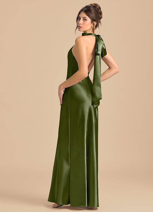 Azazie Velli Robes Demoiselle d'honneur Robe Fourreau en Satiné métallisé Col Haut Olive image1