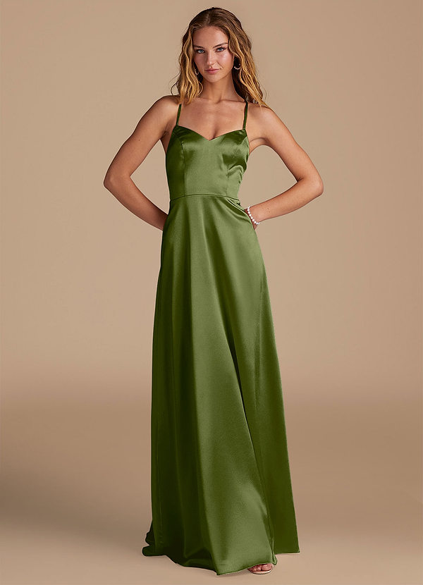 Azazie Mei Bridesmaid Dresses Olive A-Line Metallic Satin Dress image1