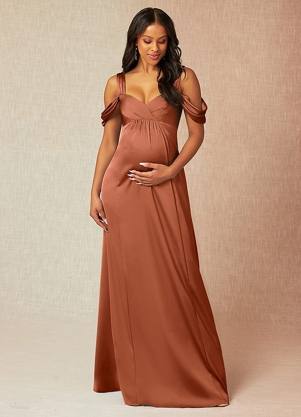 Azazie Rhea Maternity Bridesmaid Dresses A-Line Off-The-Shouler Pleated Stretch Satin Floor-Length Dress image1