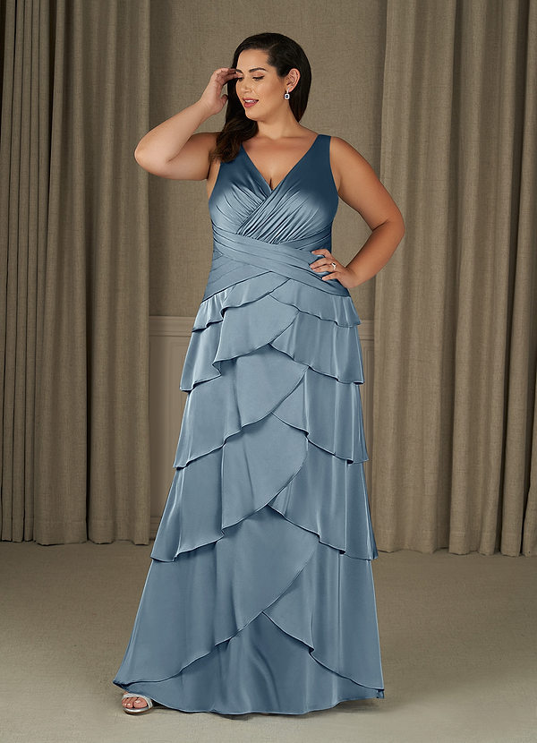 Azazie Viola Mother of the Brides Dresses Dusty Blue A-Line Pleated Stretch Satin Dress image1