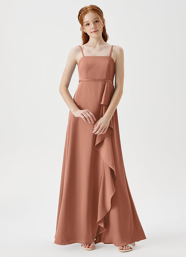 Azazie Kaylee Junior Robe Trapèze en Satin extensible avec ceinture Bronze image1