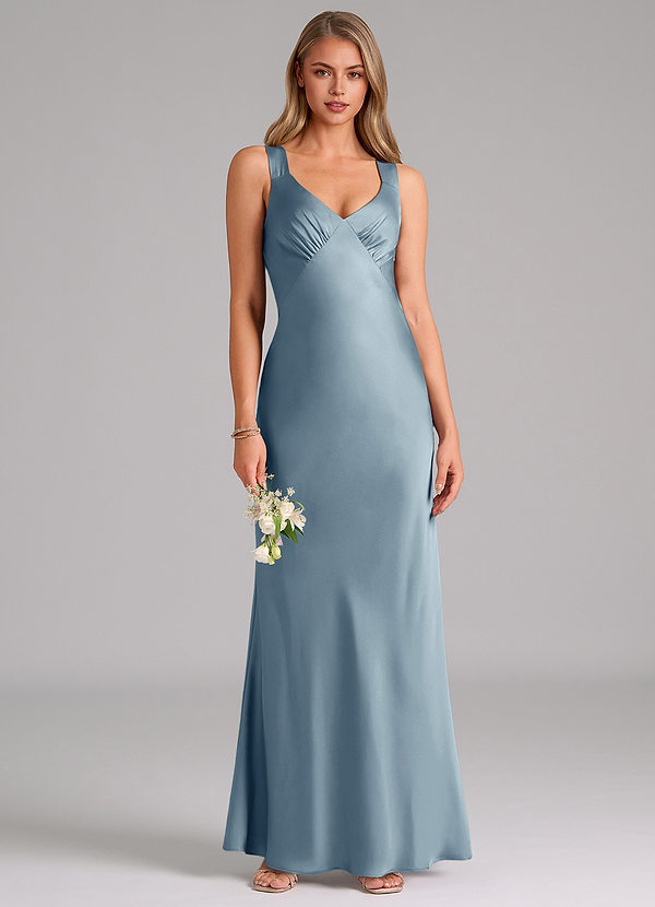 Azazie Kamila Bridesmaid Dresses Dusty Blue A-Line Pleated Stretch Satin Dress image1