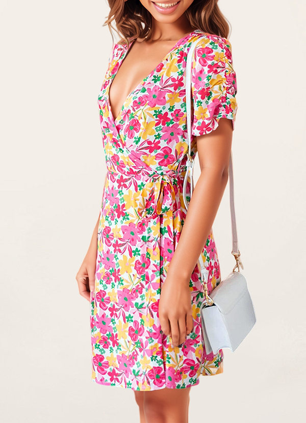 back Robe Mini Fuchsia à Manches Courtes et Imprimé Floral