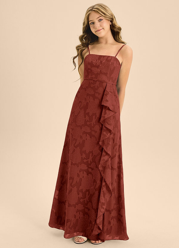Azazie Kaylee Junior Terracotta A-Line with Belt Floral Burnout Dress image1