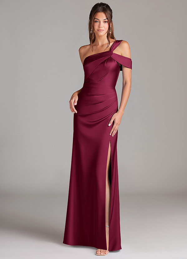 Azazie Wynter Vestidos de dama de honor Vestido Borgoña de Satén Elástico de Corte Recto con Un hombro image1