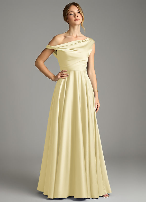 Azazie Xanthe Bridesmaid Dresses Lemon Sorbet A-Line Off the Shoulder Stretch Satin Dress image1