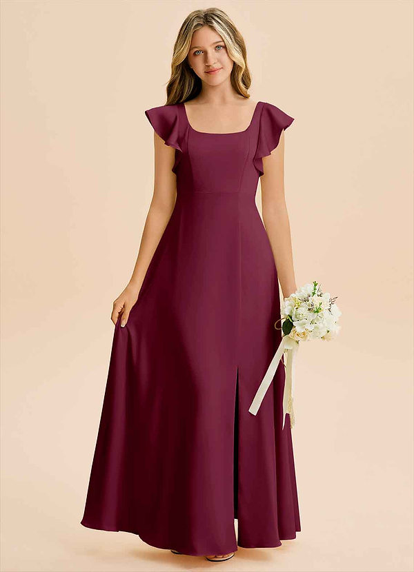 Azazie Bondi Junior Mulberry A-Line Side Slit Stretch Satin Dress image1