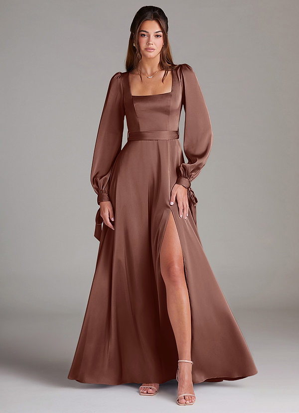 Azazie Leonia Robes Demoiselle d'honneur Robe Trapèze en Satin extensible Manche longue Expresso image1
