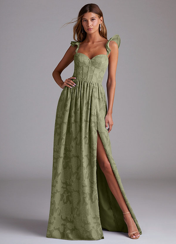 Azazie Denisse Vestidos Dama de Honor Vestido de Pistacho de Devorado Floral de Corte en A con Volante image1