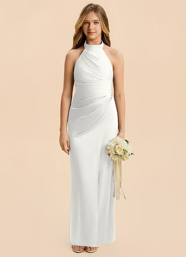 Azazie Jemma Junior White Sheath Ruched Stretch Satin Dress image1
