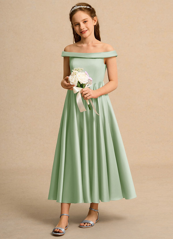 Azazie Teeny Junior Formal Bloemenmeisjes Jurken A-Lijn Jurk van Mat Satijn Geplooid Stoffige Salie image1