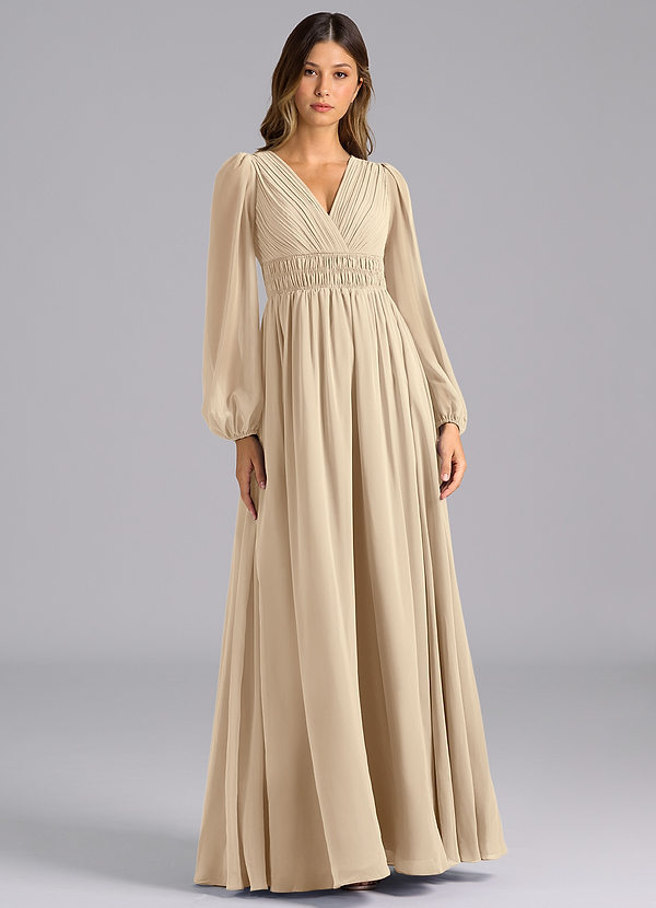 Azazie Palerma Bridesmaid Dresses Champagne A-Line Long Sleeve Chiffon Dress image1