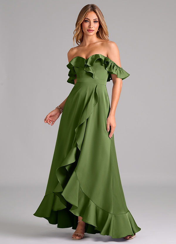 Azazie Lyra Bridesmaid Dresses Juniper A-Line Off the Shoulder Stretch Satin Convertible Dress image1
