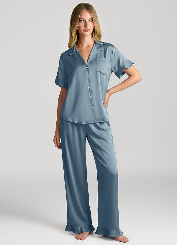 front Dusty Blue Matching Color Ruffled Short Sleeve Long Pants Pajama Set