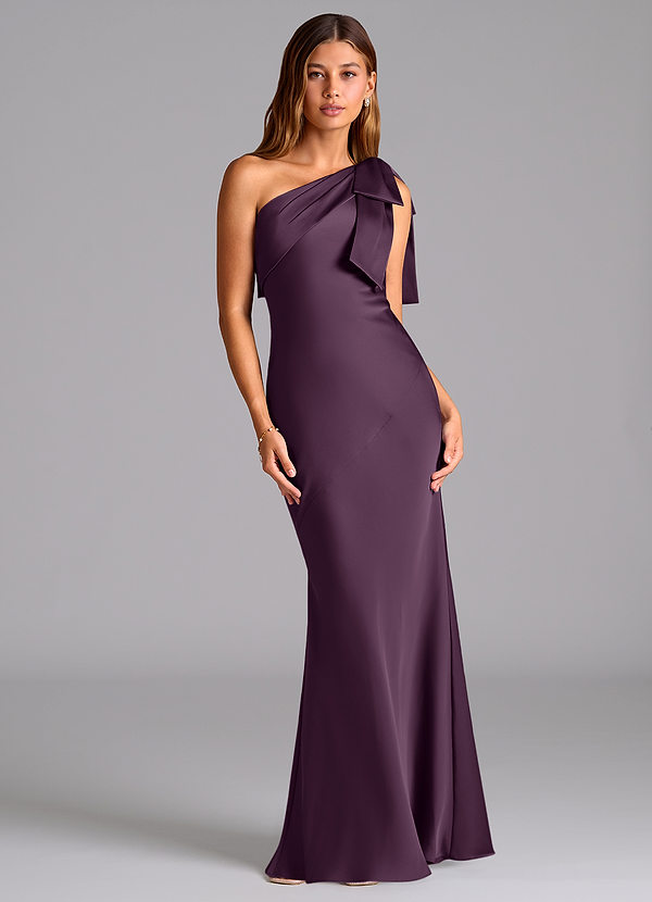 Azazie Yuanna Bridesmaid Dresses Plum Mermaid One Shoulder Stretch Satin Dress image1