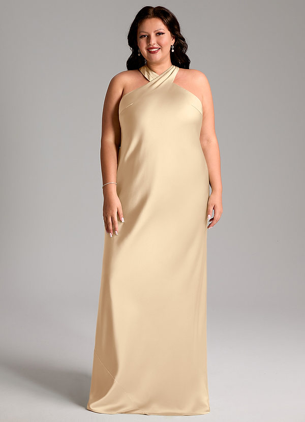 Azazie Doretta Bridesmaid Dresses Champagne Mermaid Pleated Stretch Satin Dress image1