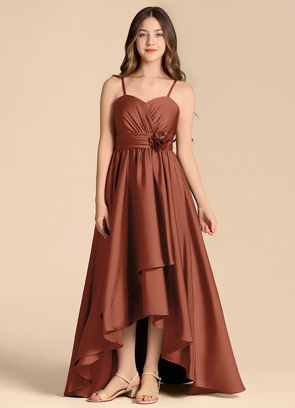 Azazie Catalina Junior Abito A-Line in Raso Elasticizzato Scollo a Cuore Auburn image1