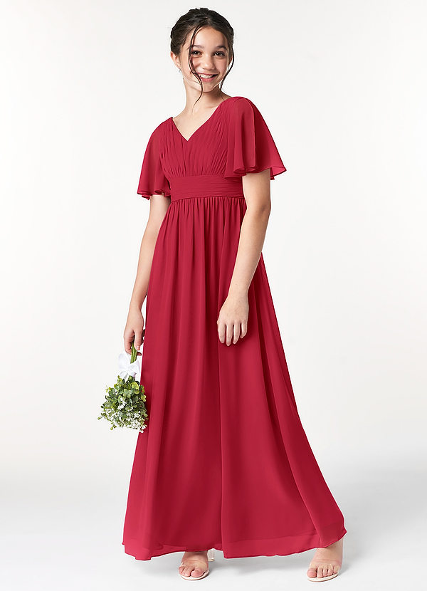 Azazie Temeka Junior Scarlet A-Line Pleated Chiffon Dress image1