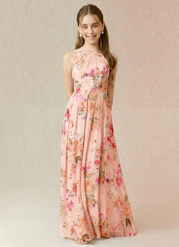 Azazie Bibiane Junior A라인 주름진 쉬폰 플로어 길이 주니어 신부 들러리 드레스 image1