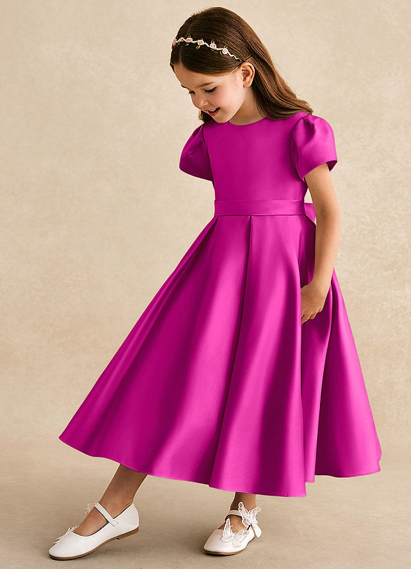 Azazie Princess Flower Girl Dresses Fuchsia A-Line Pleated Matte Satin Dress image1
