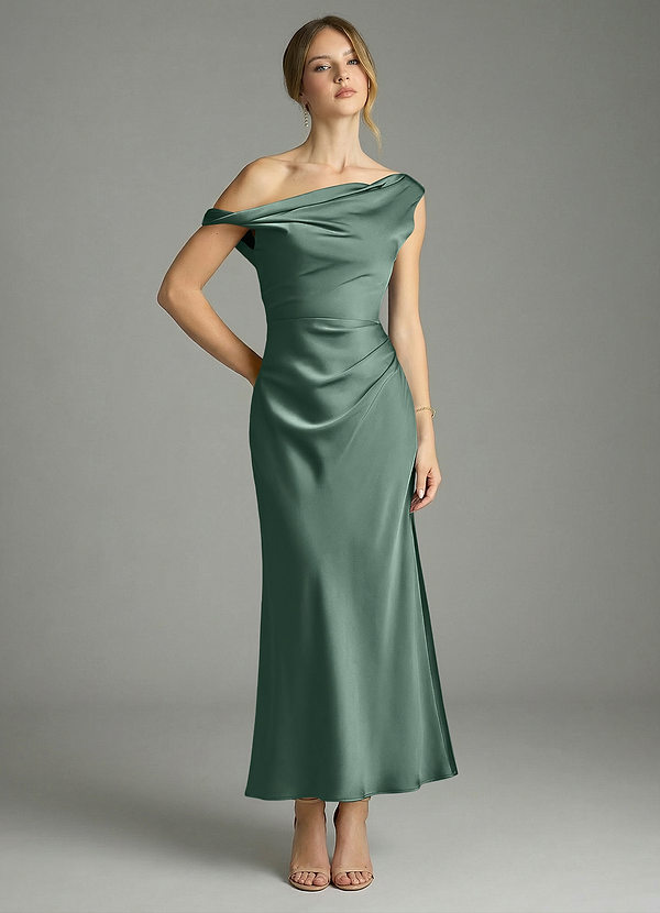 Azazie Emerson Bridesmaid Dresses Eucalyptus Mermaid Off the Shoulder Stretch Satin Dress image1