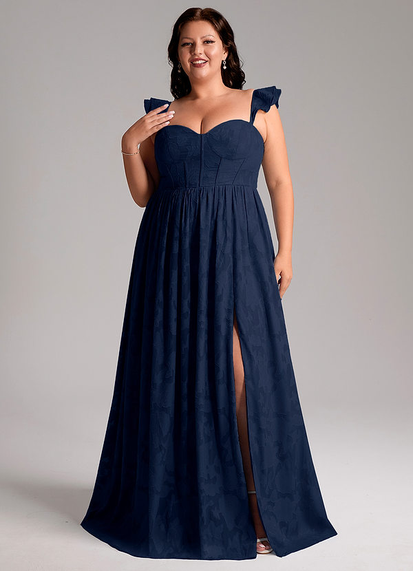 Azazie Denisse Bridesmaid Dresses Dark Navy A-Line Ruched Floral Burnout Dress image1