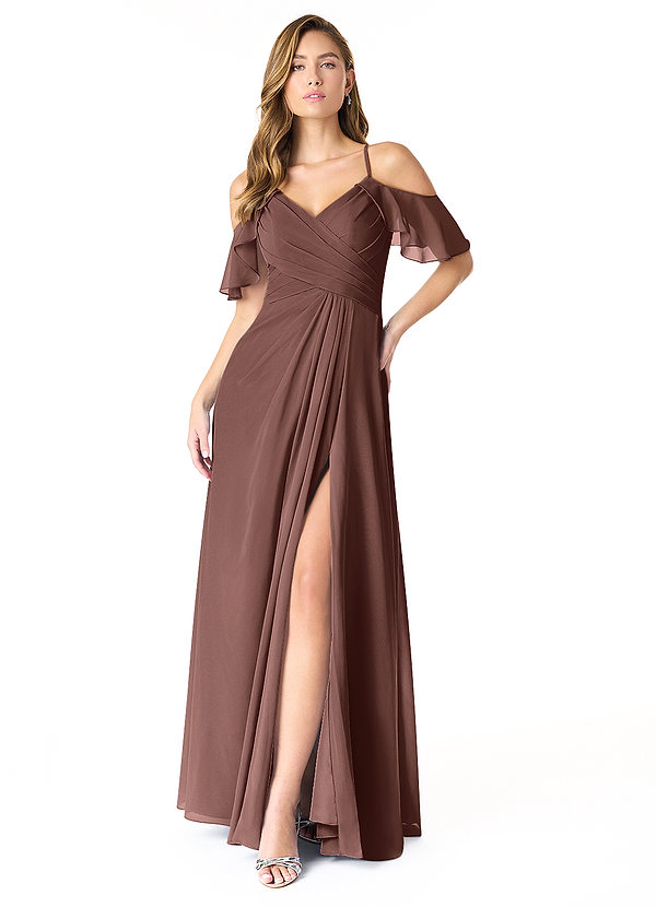 Azazie Dakota Bridesmaid Dresses Espresso A-Line V-Neck Pleated Chiffon Dress image1