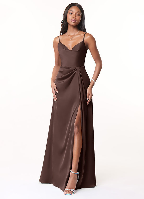 Azazie Brielle Suknie dla druhen Linia A Pofałdowany Satyna elastyczna Do ziemi Sukienka image1