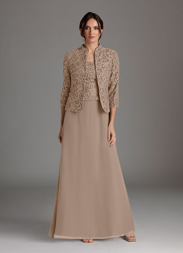 Azazie Cornelia Robes de mère de la mariée Robe Fourreau en Mousseline de soie Encolure carrée paillettes Taupe image1
