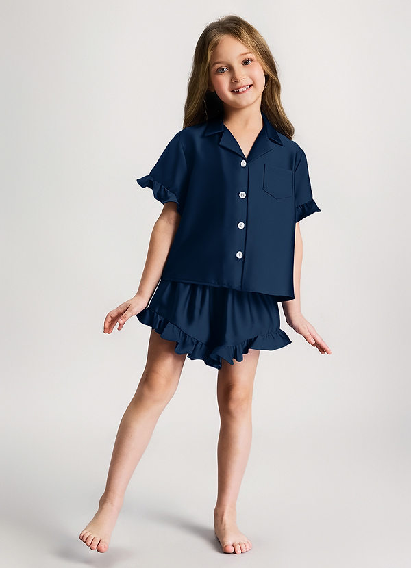 front Mørk Navy Pigernes pyjamassæt med korte ærmer og flæser