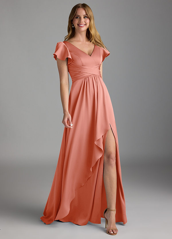 Azazie Omari Bruidsmeisjes Jurken Jurk van Stretch Satijn met A-Lijn Koraal image1