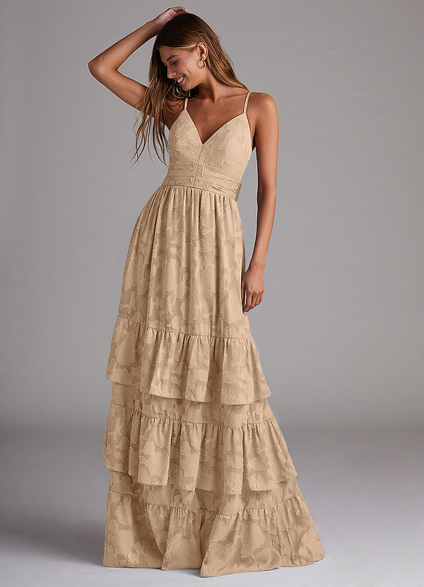 Azazie Nathalia Brautjungfernkleider A-Linie Schleifen Blumen-Burnout Kleid Champagner image1