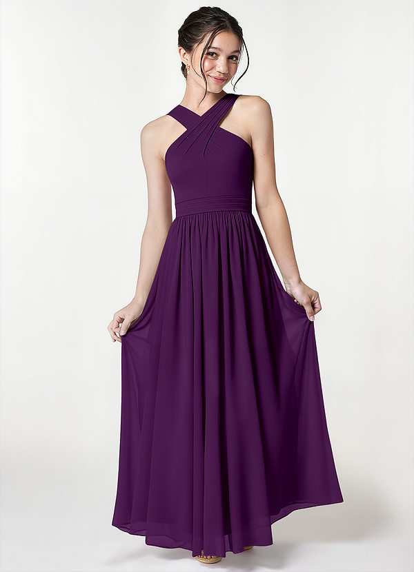 Azazie Jiya Junior A-Linie Plissee Gittergewebe Kleid Traube image1