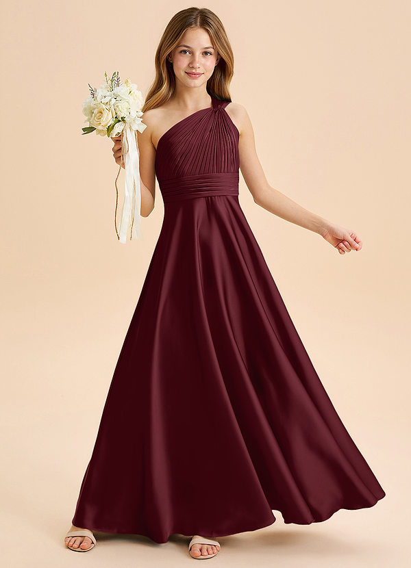 Azazie Charlize Junior Abito A-Line in Raso Elasticizzato Plissettato Cabernet image1