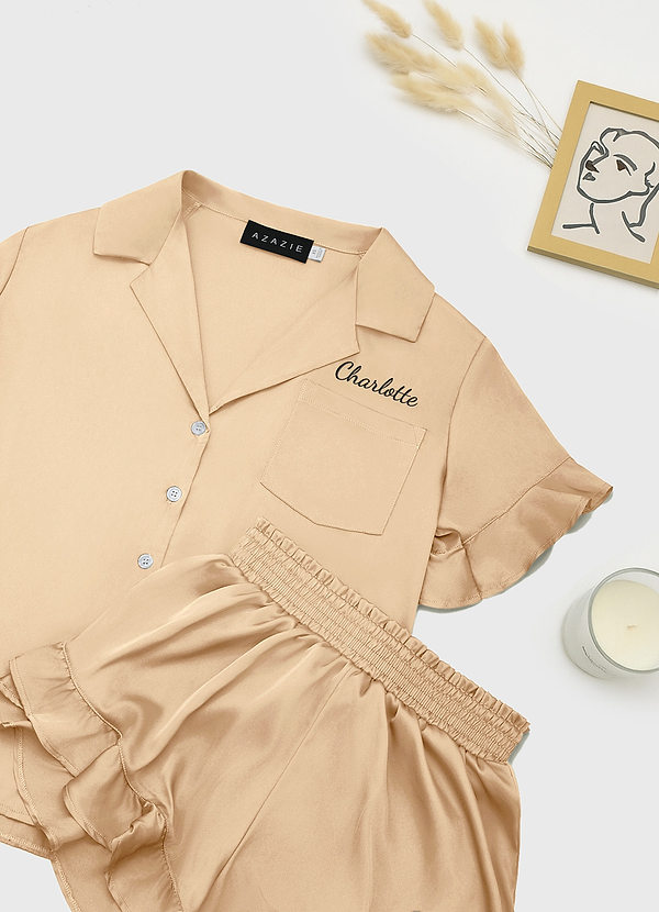 front Champagne Matching Color Personalized Embroidered Name Ruffled Short Sleeve Pajama Set