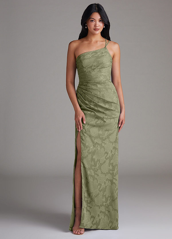 Azazie Eren Bruidsmeisjes Jurken Jurk van Bloemen Burn-out met Kolom One-Shoulder Pistache image1