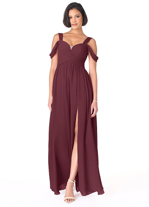 Azazie Lianne Bridesmaid Dresses Cabernet A-Line Off the Shoulder Chiffon Dress image1