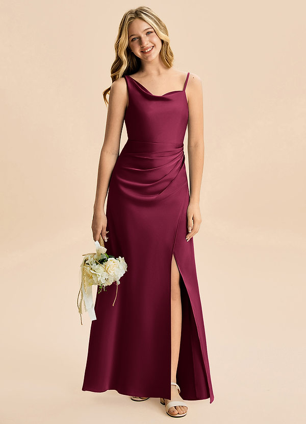 Azazie Abby Junior Burgundy Sheath Pleated Stretch Satin Dress image1