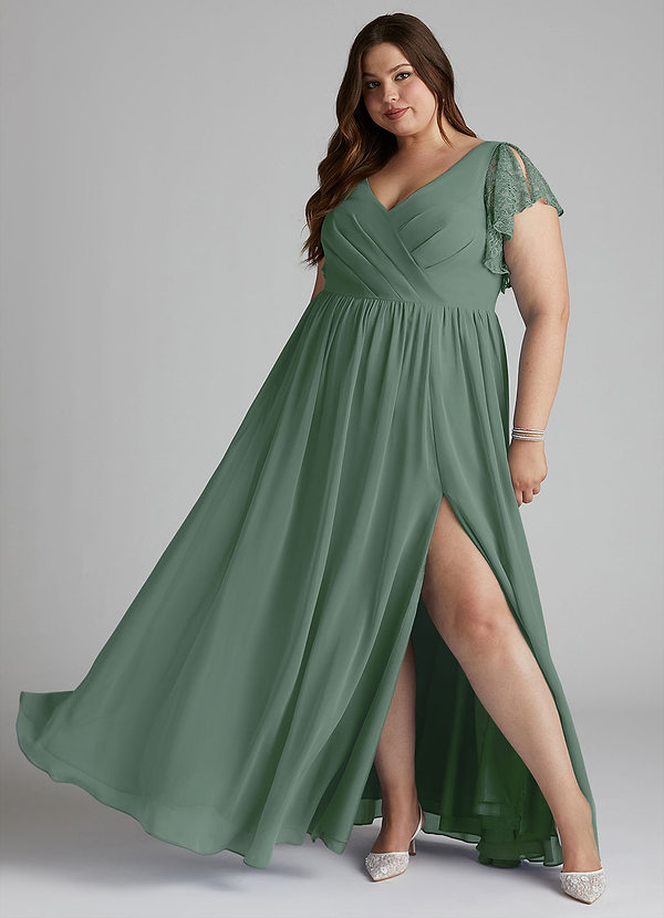 Azazie Zella Bridesmaid Dresses Eucalyptus A-Line Lace Chiffon Dress image1