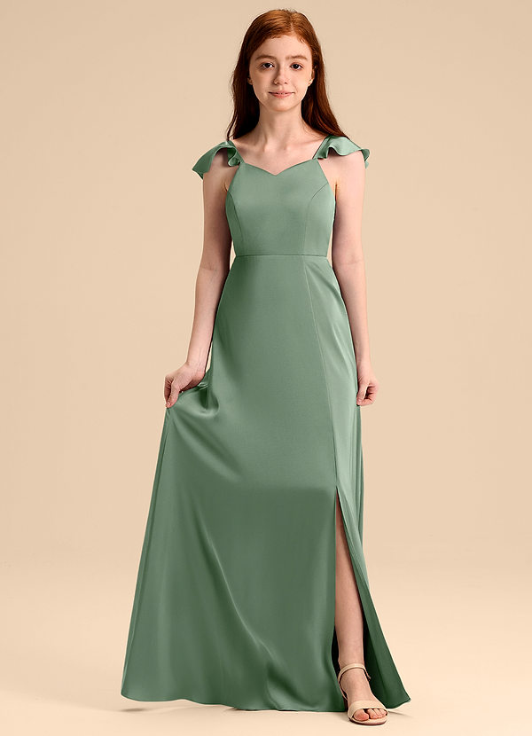 Azazie Everett Junior Abito A-Line in Raso Elasticizzato Fiocco Matcha image1