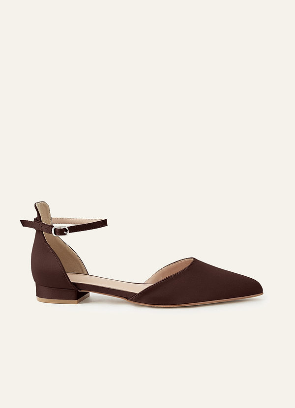 front Matching Color Matte Satin Pointed Toe Ankle Strap Block Flat Pumps